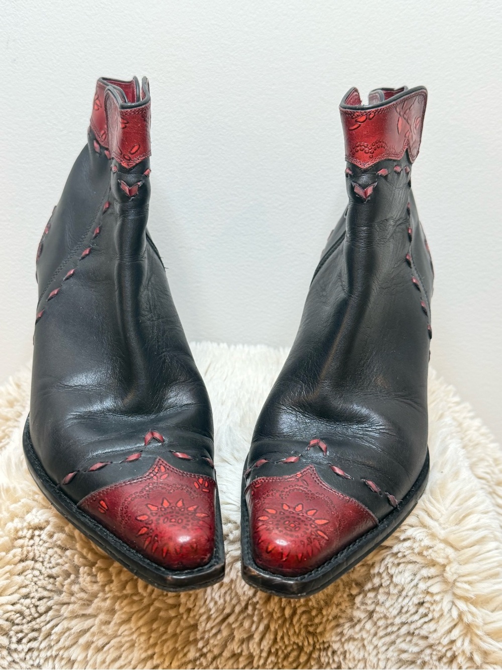 Donald J. Pliner Black Leather Ankle Boots with Red Tooled Accents